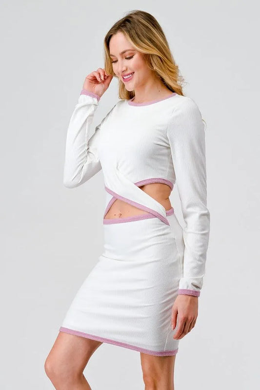 Ivory & Pink Ribbed Long Sleeve Cut-Out Criss-Cross Front Mini Dress /1-2-1-1 - Tasha Apparel Wholesale