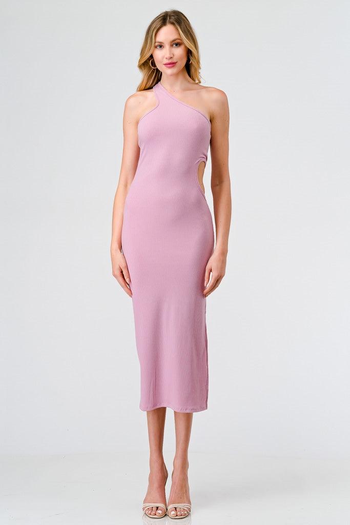 Pink Ribbed One Shoulder Cut-Out Side Midi Dress /1-2-2-1