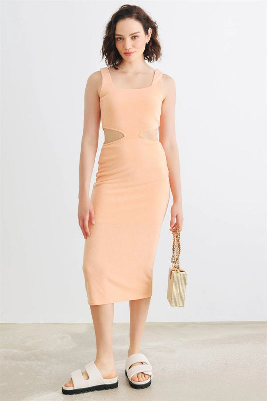 Peach Sleeveless Square Neck Cut-Out Midi Dress /1-2-2-1 - Tasha Apparel Wholesale