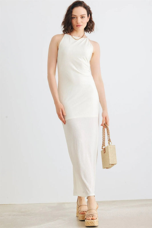 Ivory Micro-Pleat Sleeveless Midi Dress /1-2-2-1 - Tasha Apparel Wholesale