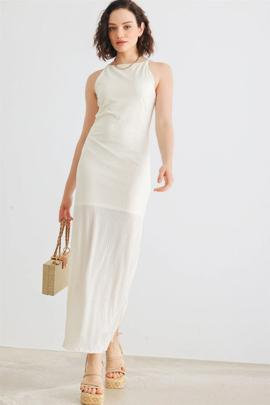 Ivory Micro-Pleat Sleeveless Midi Dress /2-1-2-1 - Tasha Apparel Wholesale