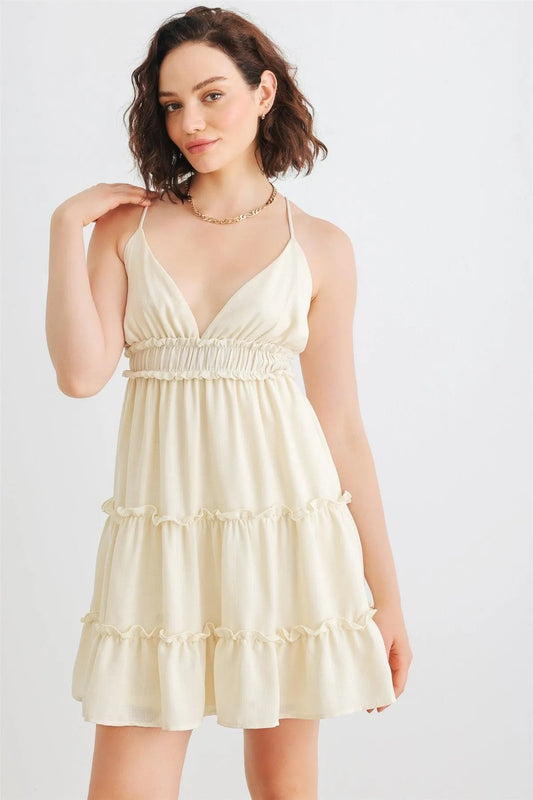 Light Yellow Ruffle Sleeveless V-Neck Mini Dress /1-2-2-1 - Tasha Apparel Wholesale