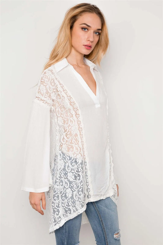 White Combo Lace Bell Sleeve Tunic Top / 2-2-2 - Tasha Apparel Wholesale