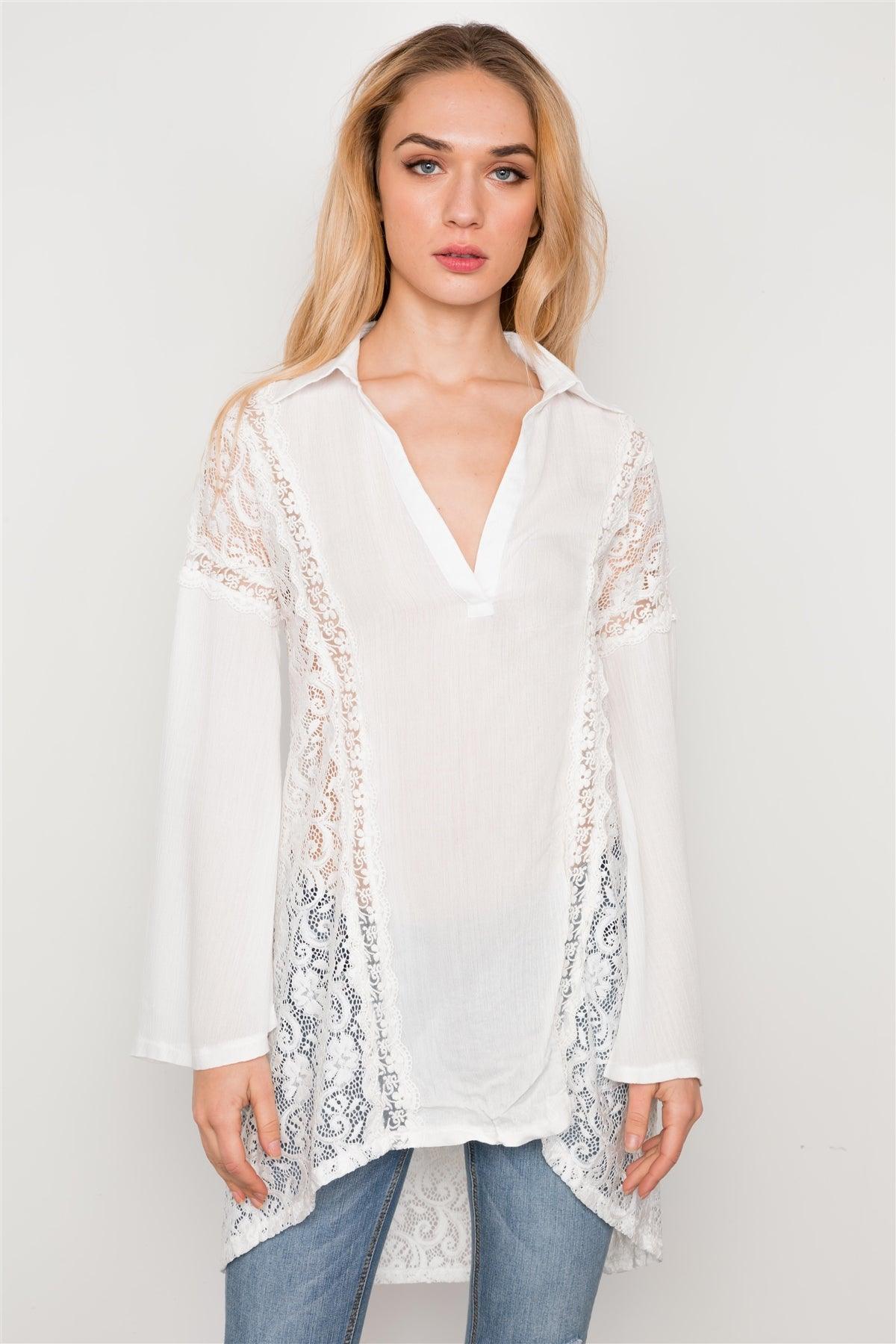 White Combo Lace Bell Sleeve Tunic Top / 2-2-2
