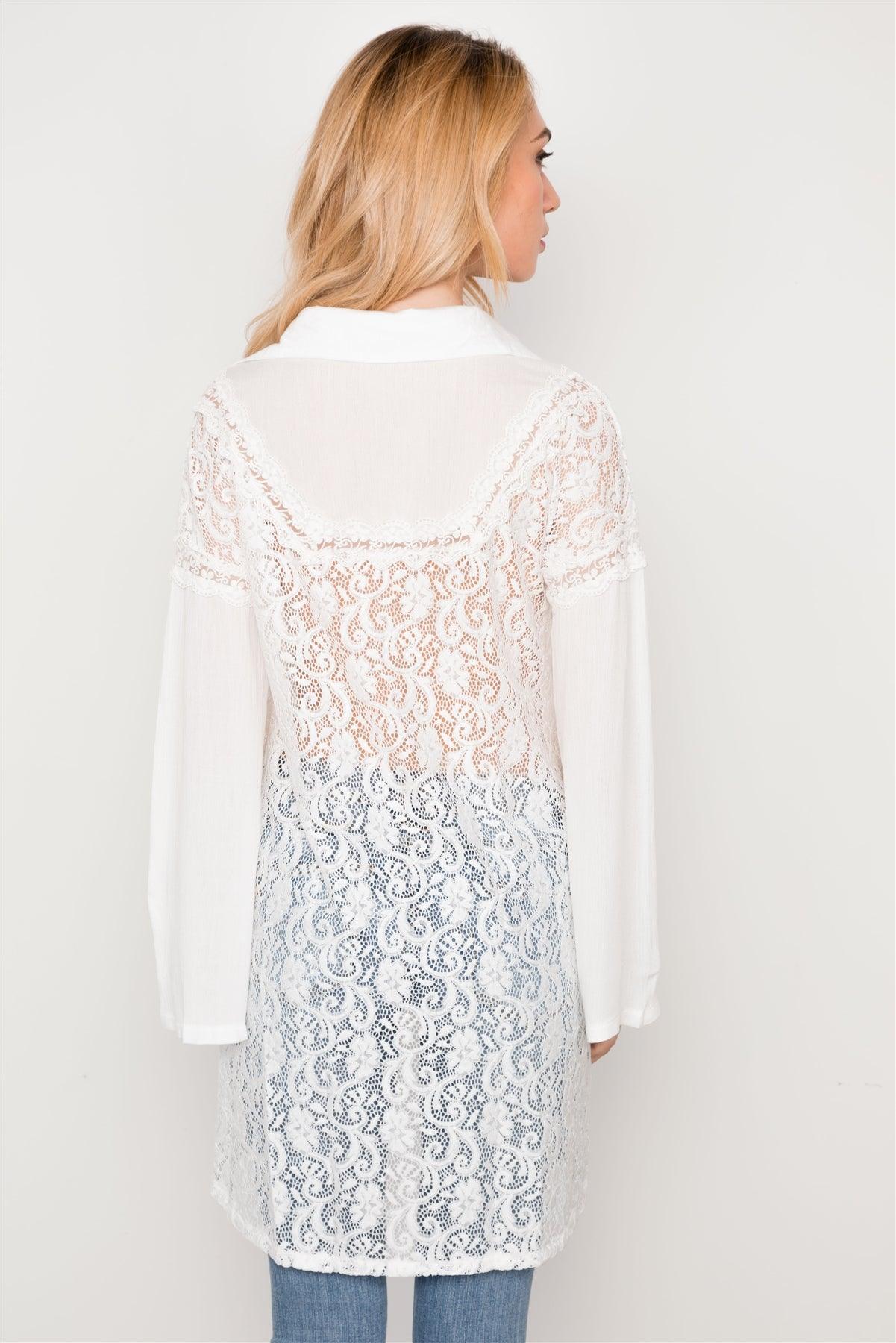 White Combo Lace Bell Sleeve Tunic Top / 2-2-2