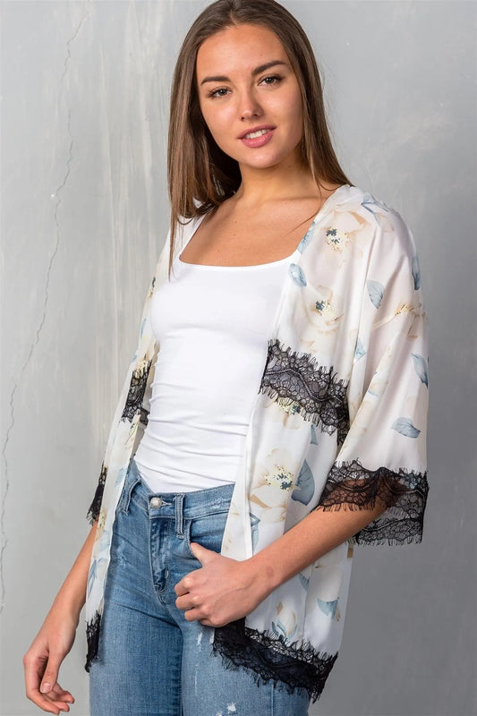 Cream Boho Floral Gardens Semi-Sheer Kimono /2-2-2 - Tasha Apparel Wholesale