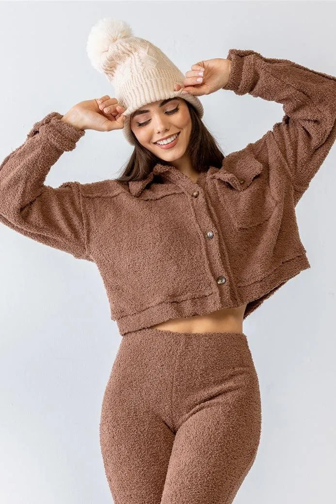 Mocha Teddy Knit Collared Neck Button-Up Two Pocket Top /1-2-2-1 - Tasha Apparel Wholesale