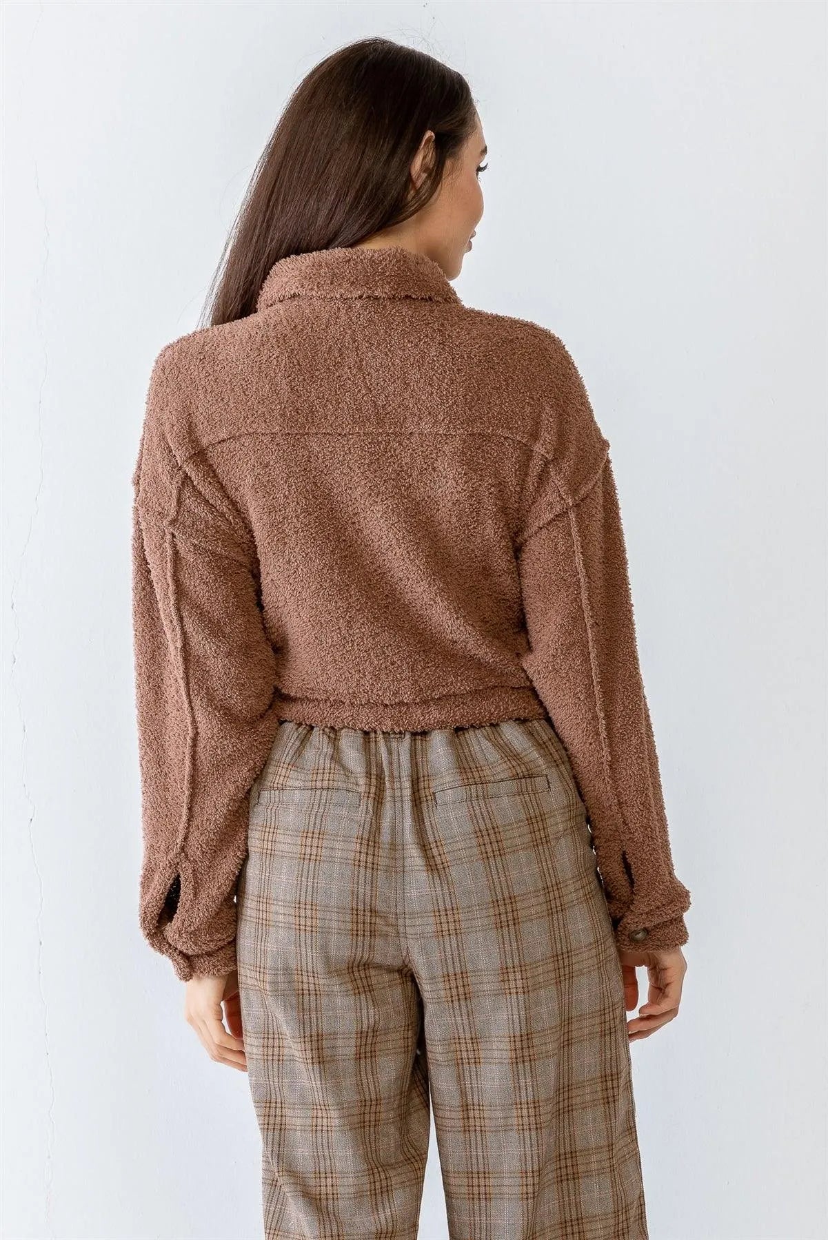 Mocha Teddy Knit Collared Neck Button-Up Two Pocket Top /1-2-2-1 - Tasha Apparel Wholesale