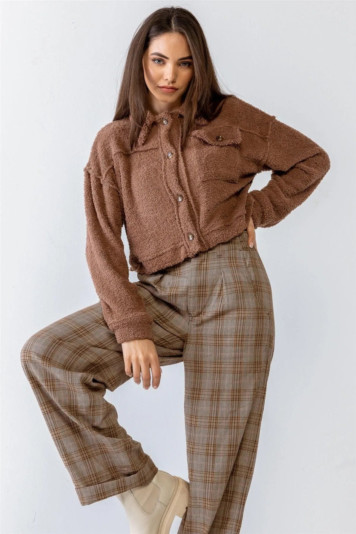 Mocha Teddy Knit Collared Neck Button-Up Two Pocket Top /1-2-2-1 - Tasha Apparel Wholesale