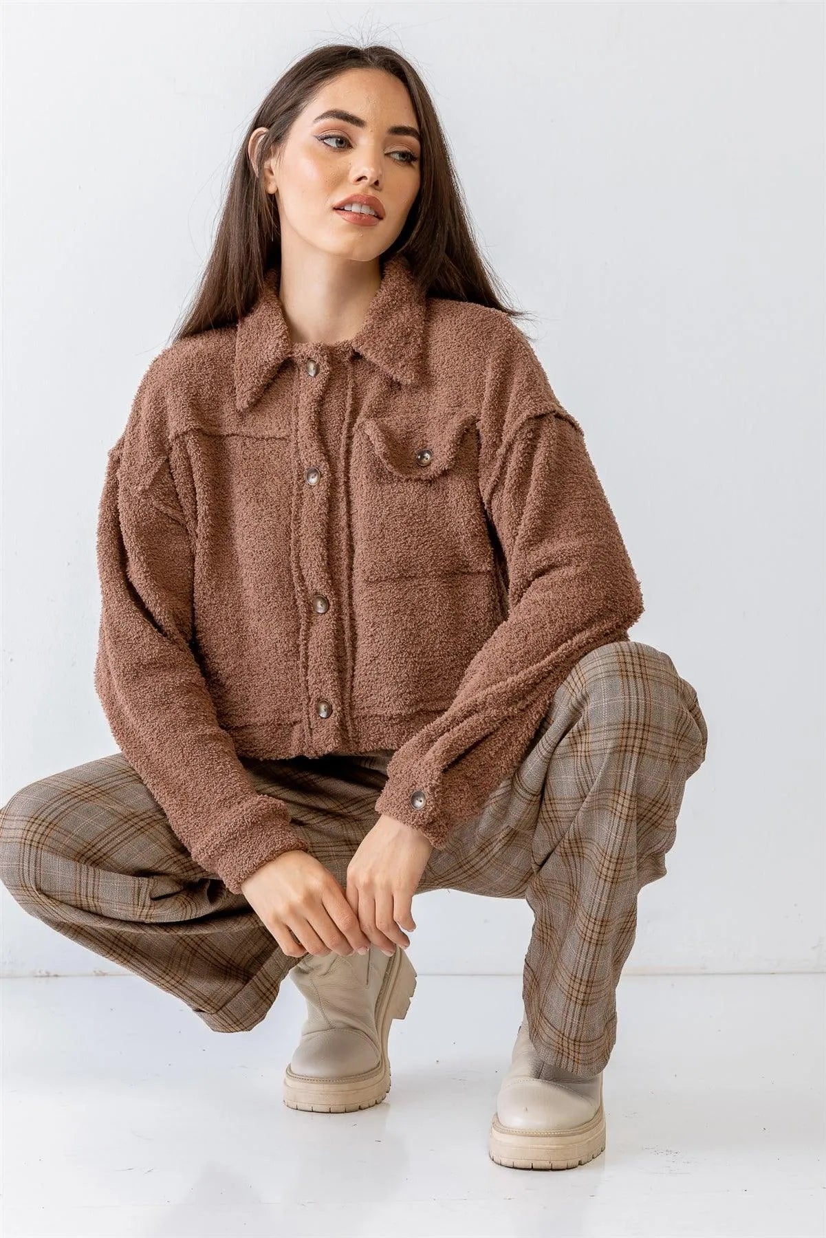 Mocha Teddy Knit Collared Neck Button-Up Two Pocket Top /1-2-2-1 - Tasha Apparel Wholesale