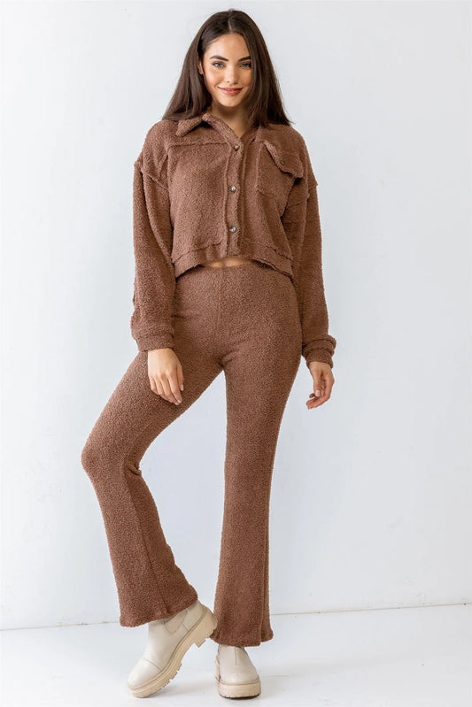Mocha Teddy Knit Collared Neck Button-Up Two Pocket Top & High Waist Pants Set /1-2-2-1 - Tasha Apparel Wholesale