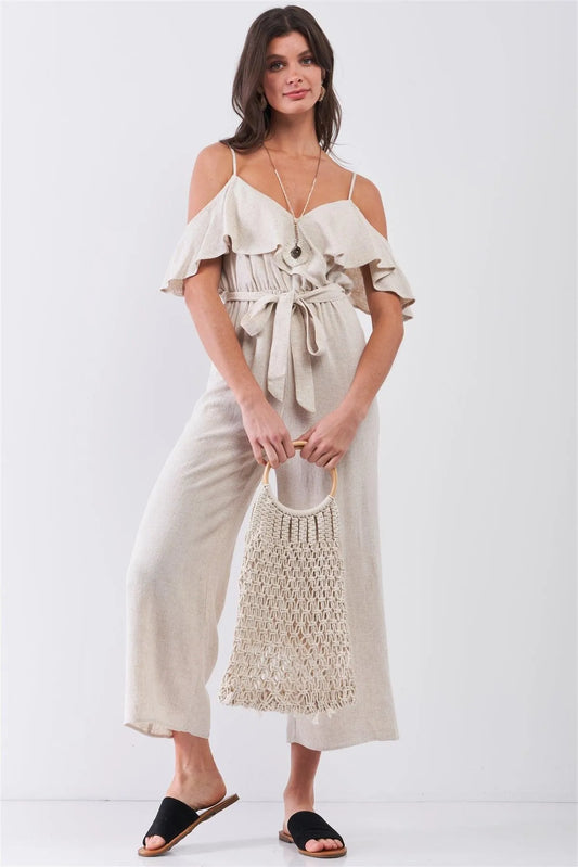 Oatmeal Natural Linen Off-The-Shoulder V-Neck Ruffle Hem Wide Leg Maxi Jumpsuit /3-2-1 - Tasha Apparel Wholesale