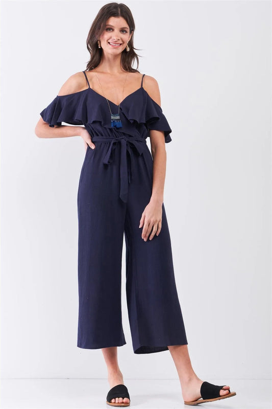Navy Natural Linen Off-The-Shoulder V-Neck Ruffle Hem Wide Leg Maxi Jumpsuit /3-2-1 - Tasha Apparel Wholesale