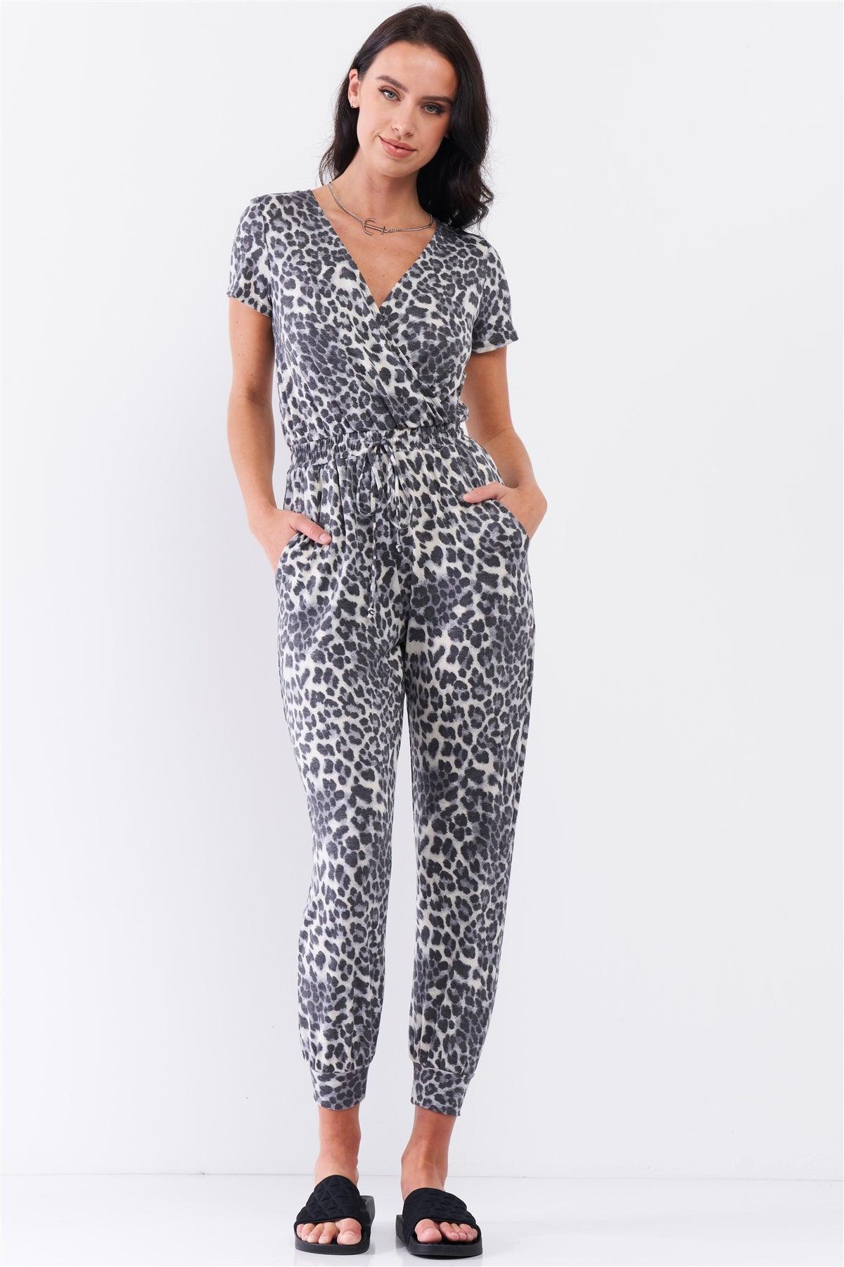 Charcoal Grey Leopard Print Short Sleeve Wrap V-Neck Draw-String Tie Waistline Relaxed Jumpsuit /3-2-1