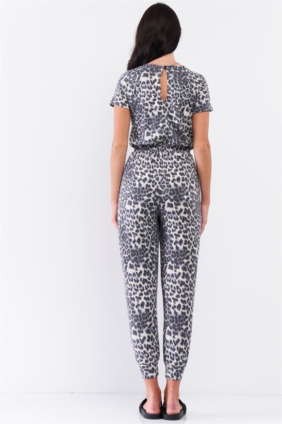 Charcoal Grey Leopard Print Short Sleeve Wrap V-Neck Draw-String Tie Waistline Relaxed Jumpsuit /3-2-1