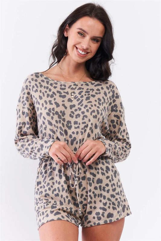 Taupe Leopard Print Long Sleeve Self-Tie V-Back Detail Draw-String Tie Waistline Romper /3-2-1 - Tasha Apparel Wholesale