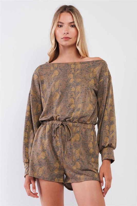 Black & Mustard Snakeskin Print Asymmetrical Long Sleeve Self-Tie Waist Romper /3-2-1 - Tasha Apparel Wholesale
