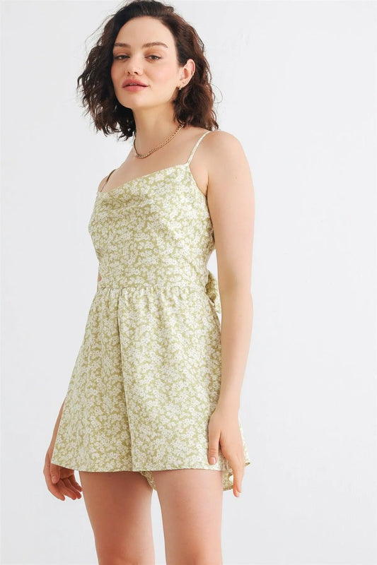 Sage & White Floral Satin Cowl Neck Tie Back Sleeveless Romper /3-2-1 - Tasha Apparel Wholesale