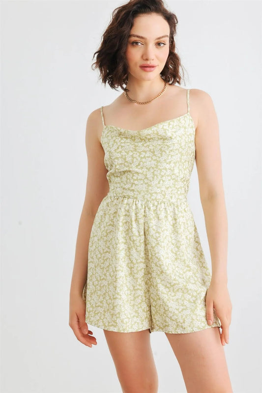 Sage & White Floral Satin Cowl Neck Tie Back Sleeveless Romper /4-2-1 - Tasha Apparel Wholesale