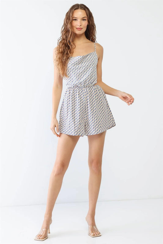 White & Blue Geo Print Strappy Criss-Cross Back Romper /3-2-1 - Tasha Apparel Wholesale