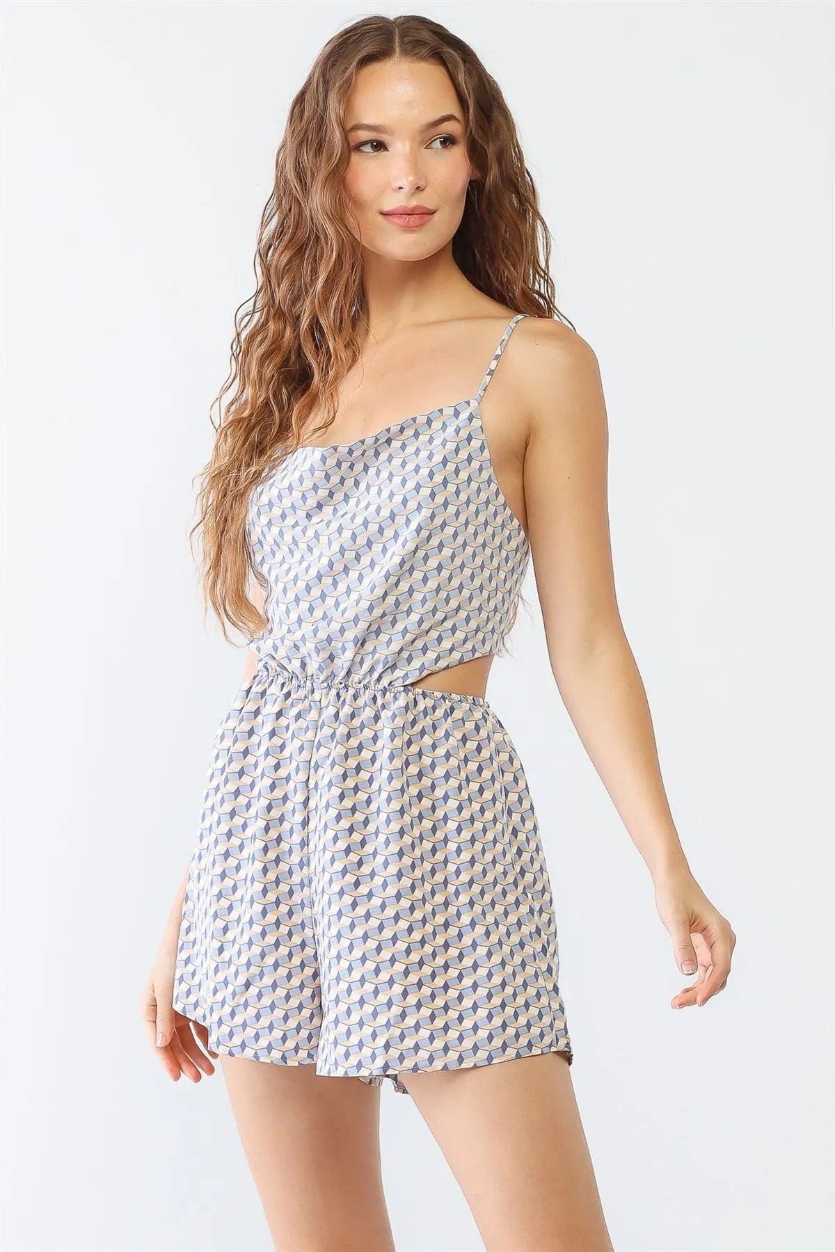 White & Blue Geo Print Strappy Criss-Cross Back Romper /3-2-1 - Tasha Apparel Wholesale