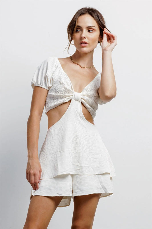 Ivory Textured Smocked Bow & Cut-Out Detail Flare Hem Romper /3-2-1 - Tasha Apparel Wholesale