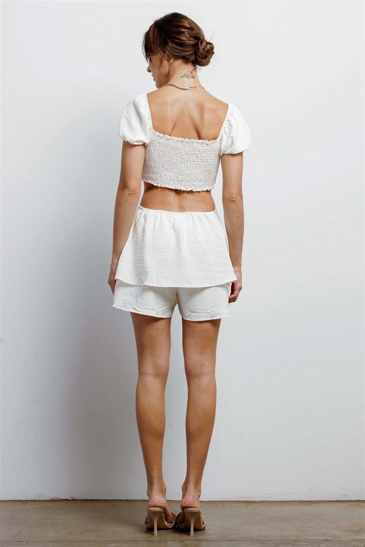 Ivory Textured Smocked Bow & Cut-Out Detail Flare Hem Romper /3-2-1