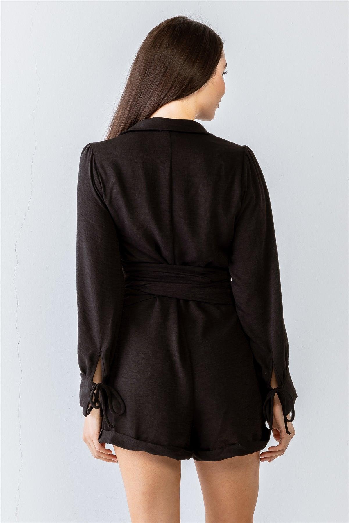 Black Textured Button-Up Collared Neck Long Sleeve Belted Romper /1-2-2-1