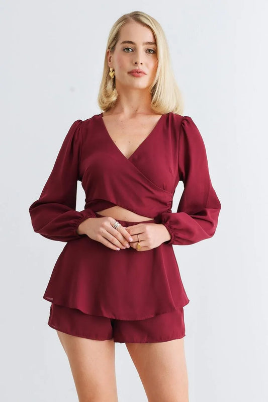 Burgundy Long Sleeve Wrap Neck Belted Tier Romper /1-2-2-1 - Tasha Apparel Wholesale