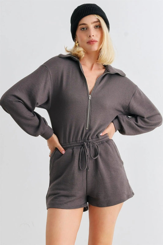 Charcoal Zip-Up Mock Neck Two Pocket Long Sleeve Romper /1-2-2-1 - Tasha Apparel Wholesale