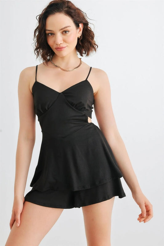 Black Sleeveless Strappy V-Neck Back Lace-Up Romper /1-2-1 - Tasha Apparel Wholesale