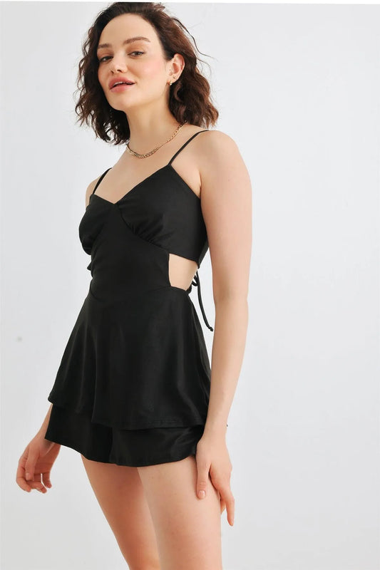 Black Sleeveless Strappy V-Neck Back Lace-Up Romper /1-2-2-1 - Tasha Apparel Wholesale