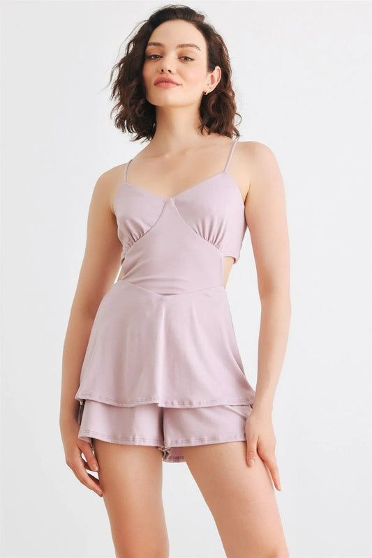 Lilac Sleeveless Strappy V-Neck Back Lace-Up Tier Romper /1-2-2-1 - Tasha Apparel Wholesale