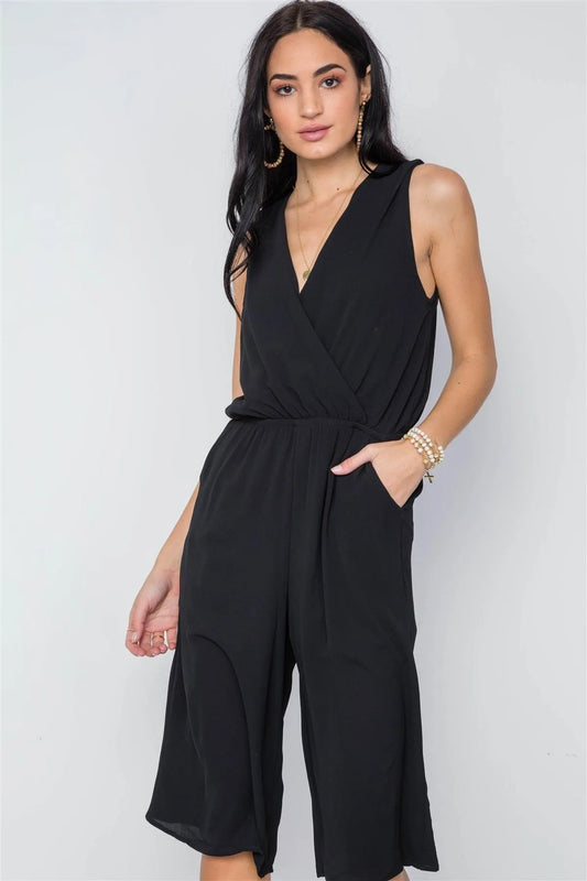 Black Surplice Neckline Capri Sleeveless Jumpsuit /2-2-2 - Tasha Apparel Wholesale