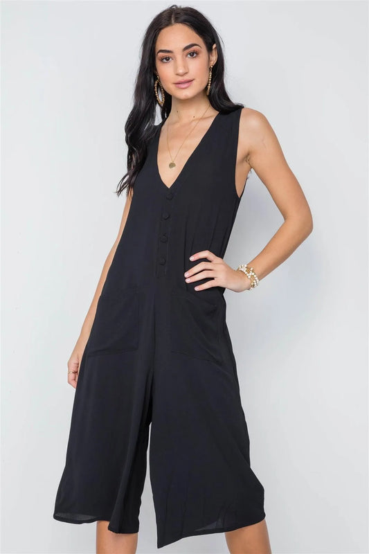 Black V-Neck Sleeveless Capri Jumpsuit /2-2-2 - Tasha Apparel Wholesale