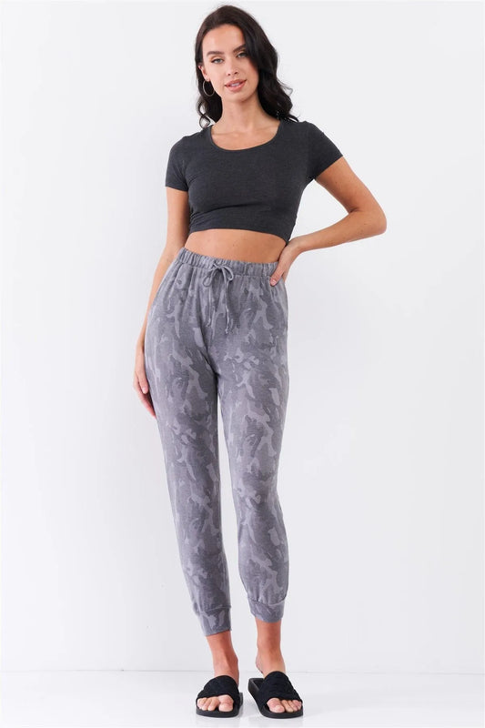 Grey Camo Print Loose Fit High-Waisted Elasticated Self-Tie Drawstring Waistline Track Pants /3-2-1 - Tasha Apparel Wholesale
