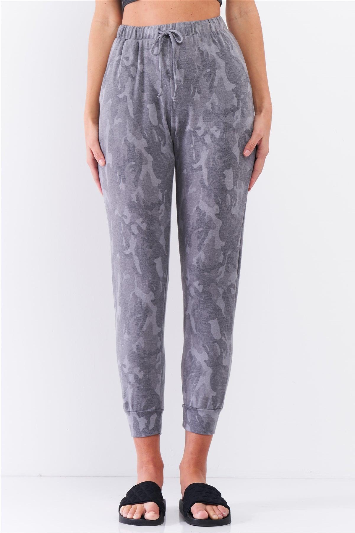 Grey Camo Print Loose Fit High-Waisted Elasticated Self-Tie Drawstring Waistline Track Pants /3-2-1