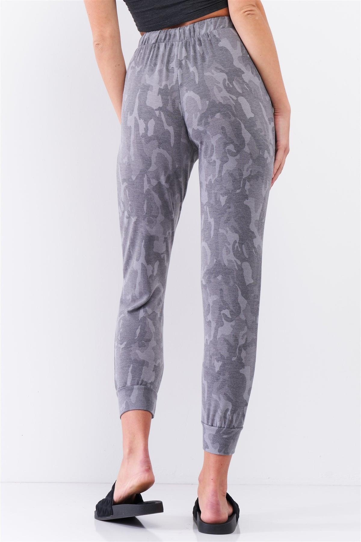 Grey Camo Print Loose Fit High-Waisted Elasticated Self-Tie Drawstring Waistline Track Pants /3-2-1