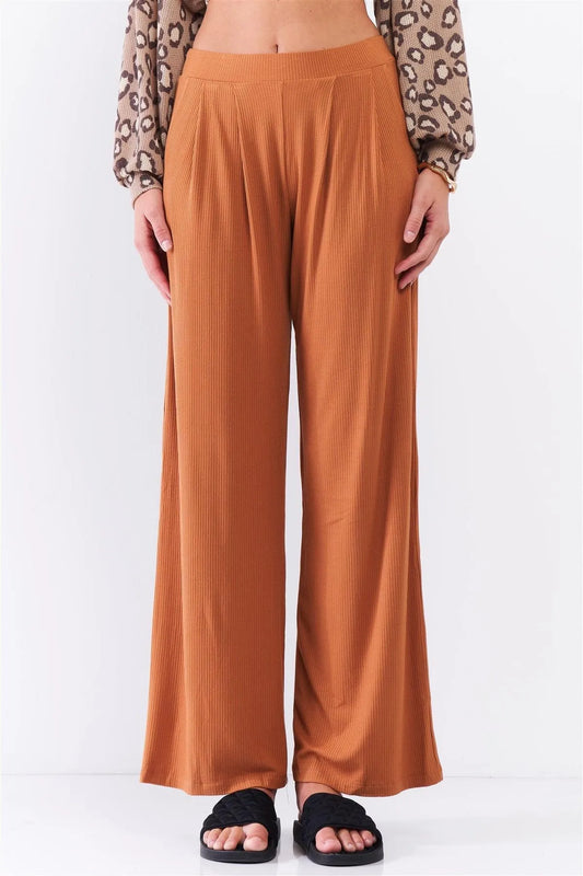 Honey Gold Ribbed Mid-Rise Wide Leg Pants /3-2-1 - Tasha Apparel Wholesale