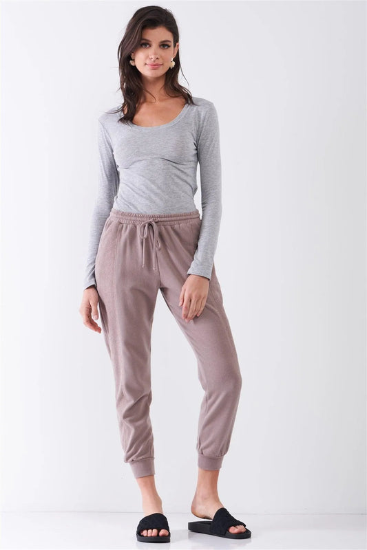Mocha Brown Brushed Inside-Out Sides Trim Mid-Rise Relaxed Jogger Sweatpants /4-2 - Tasha Apparel Wholesale