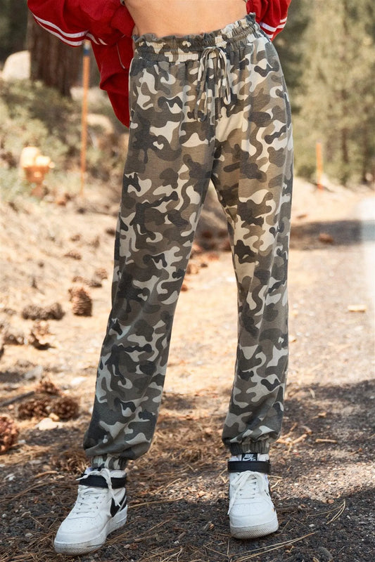 Olive Camo Print Self-Tie Ruffle High Waist Jogger Pants /3-2-1 - Tasha Apparel Wholesale
