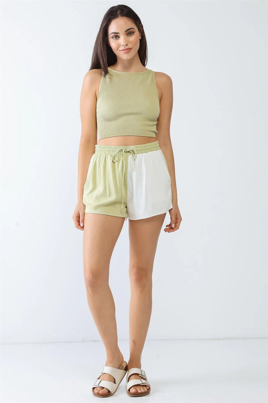 Sage & White Colorblocked Elasticized Waist Two Pocket Shorts /3-2-1 - Tasha Apparel Wholesale