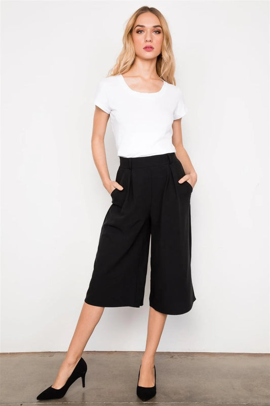 Black Cropped Wide Leg High Waist Pants / 2-2-2 - Tasha Apparel Wholesale