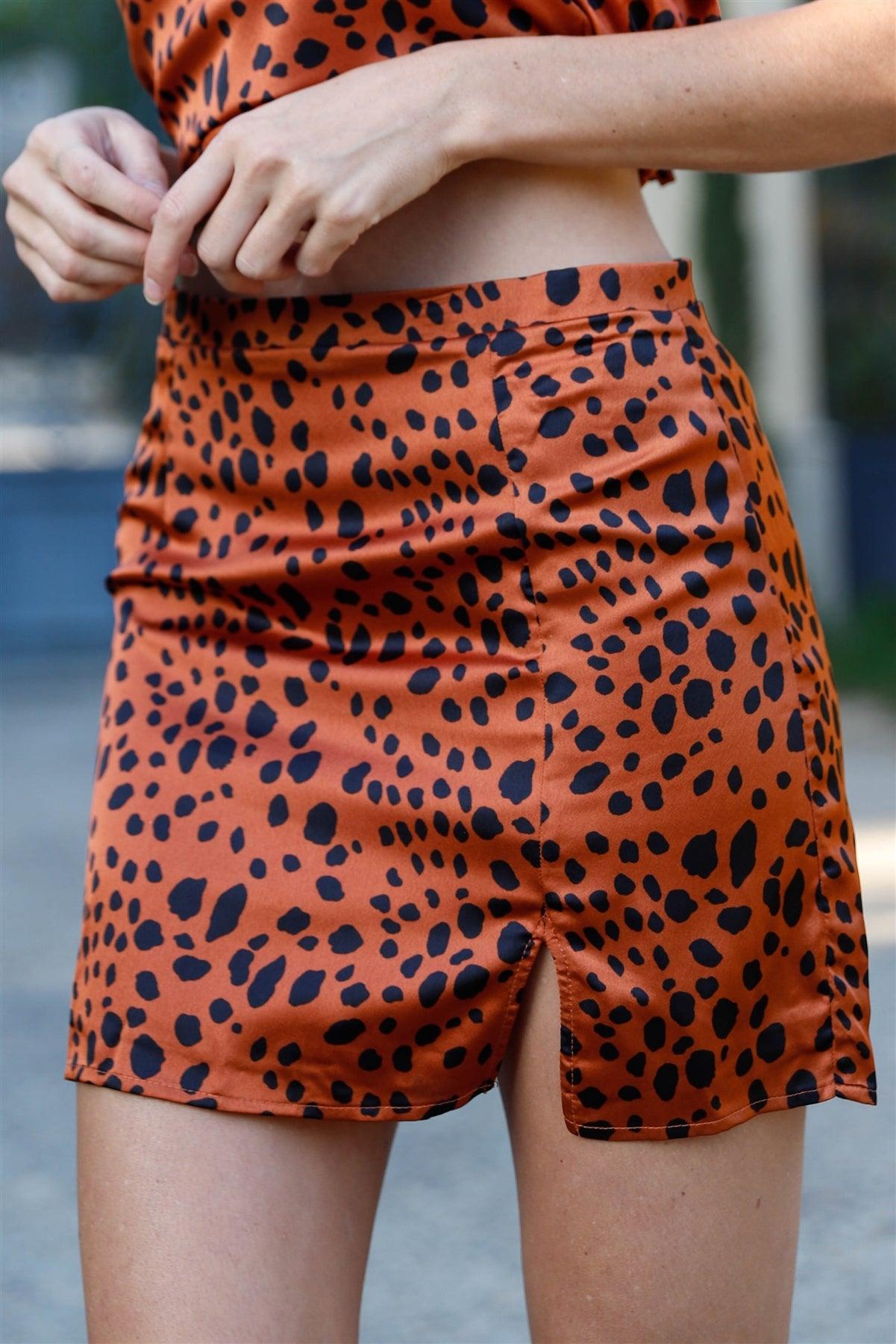 Rust & Black Satin Effect Animal Print Side Slit Mini Skirt /3-2-1