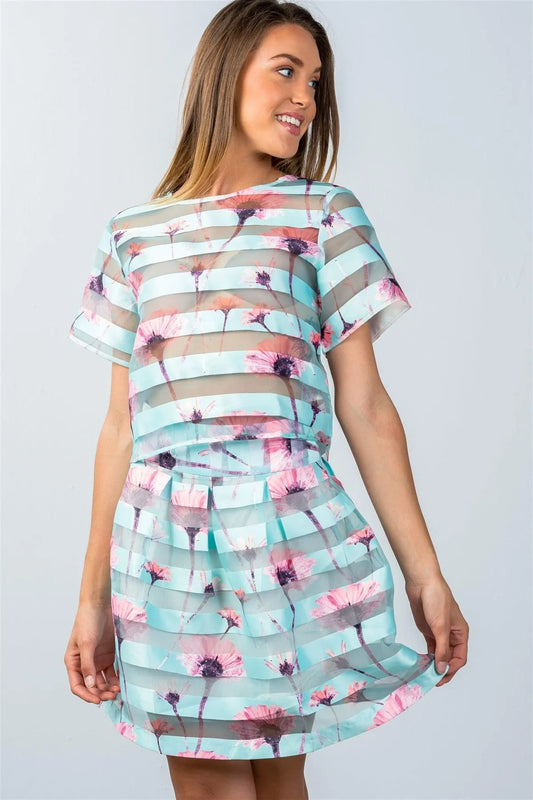 Blue Floral And Stripe Print Mesh Mini Skirt / 4-1 - Tasha Apparel Wholesale