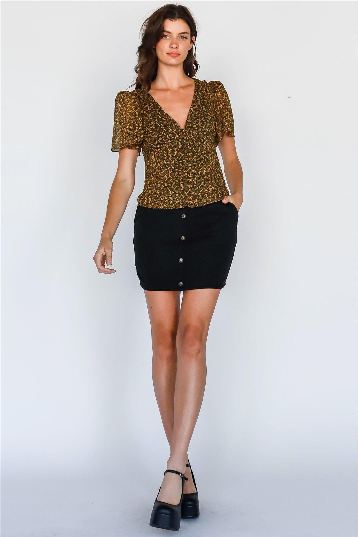Black Button-Up Two Pocket High Waist Mini Skirt /4-2-1