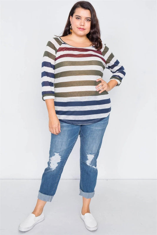 Junior Plus Size Semi Sheer Burgundy Navy & Green Stripe Round Neck Top /2-2 - Tasha Apparel Wholesale