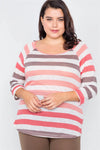 Junior Plus Size Semi Sheer Coral & Pink Stripe Round Neck Top /2-2 - Tasha Apparel Wholesale