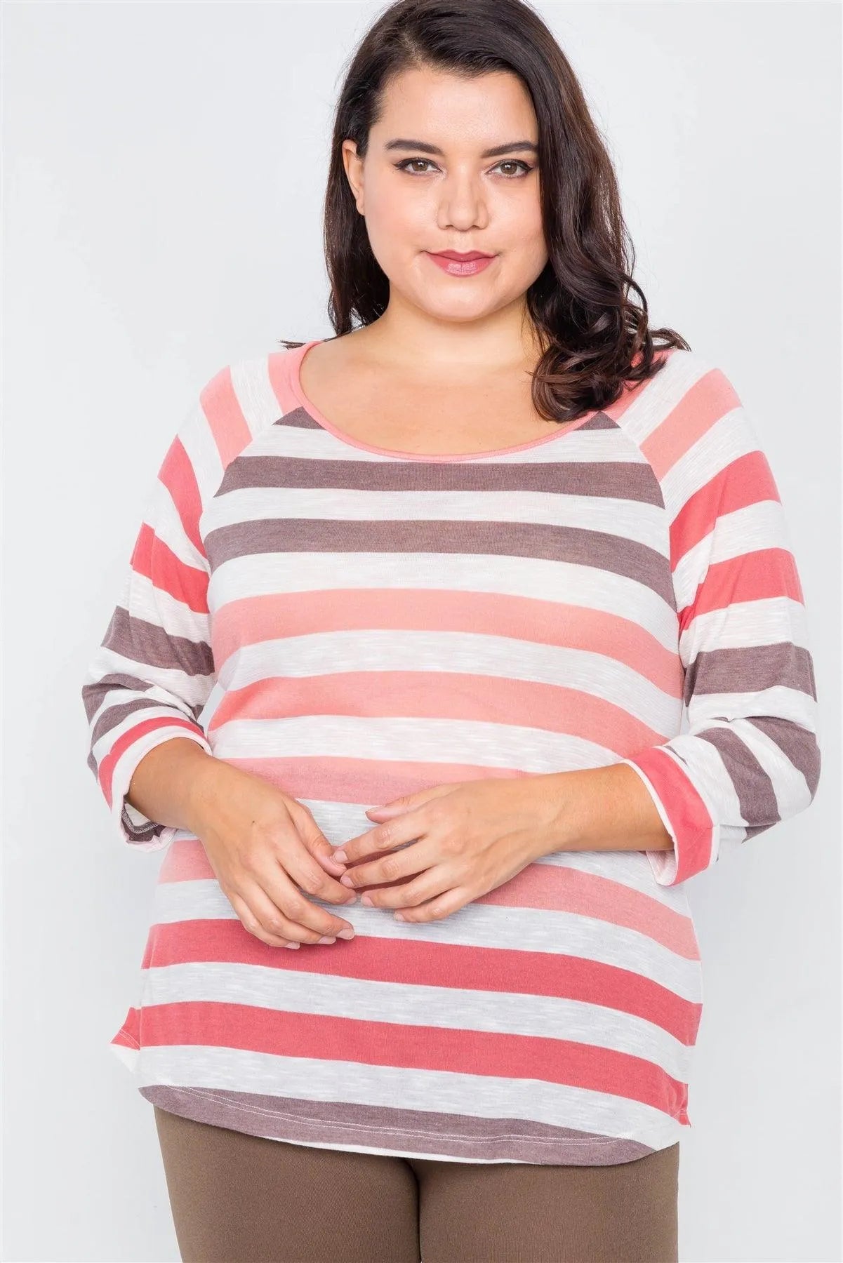 Junior Plus Size Semi Sheer Coral & Pink Stripe Round Neck Top /2-2 - Tasha Apparel Wholesale