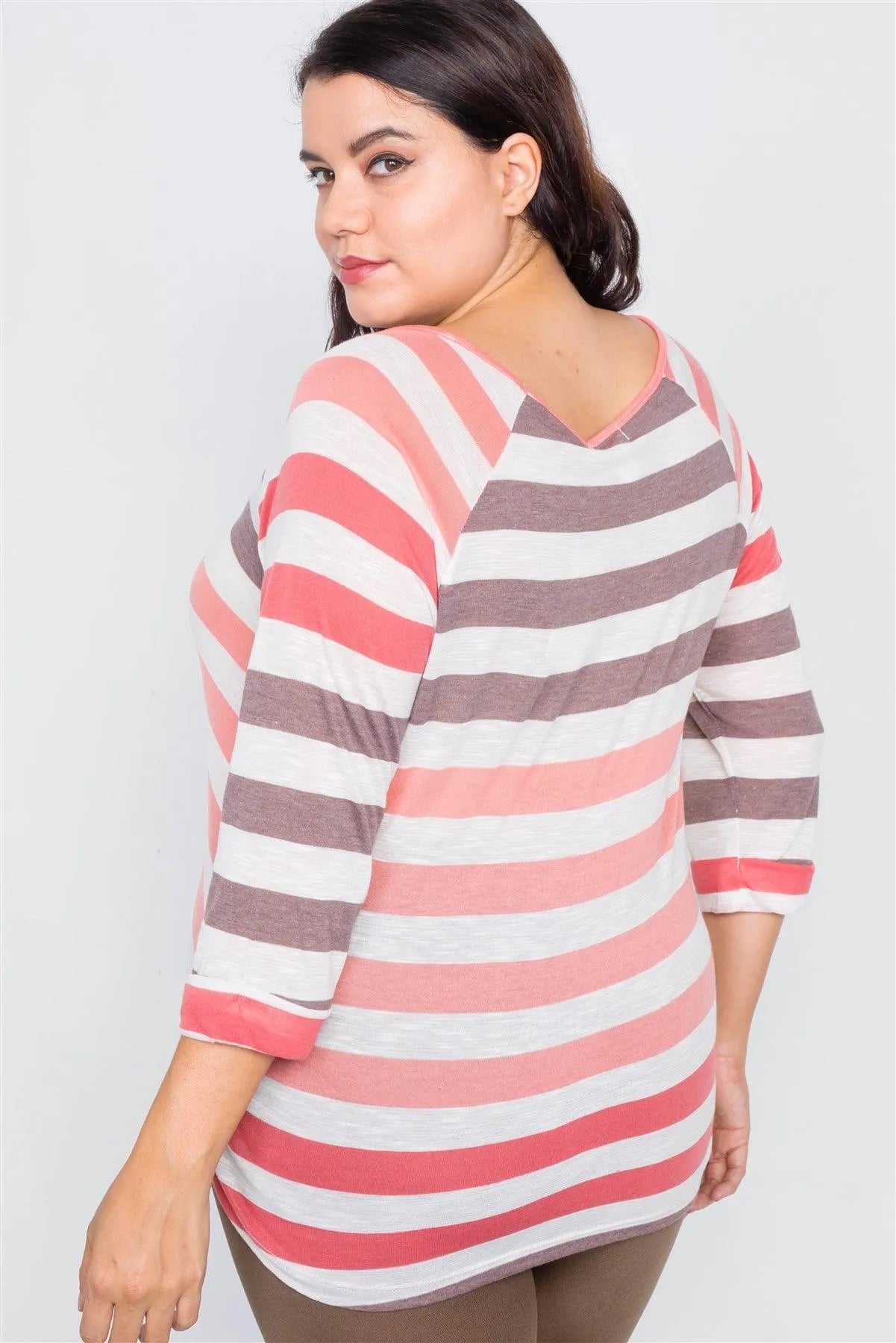Junior Plus Size Semi Sheer Coral & Pink Stripe Round Neck Top /2-2 - Tasha Apparel Wholesale